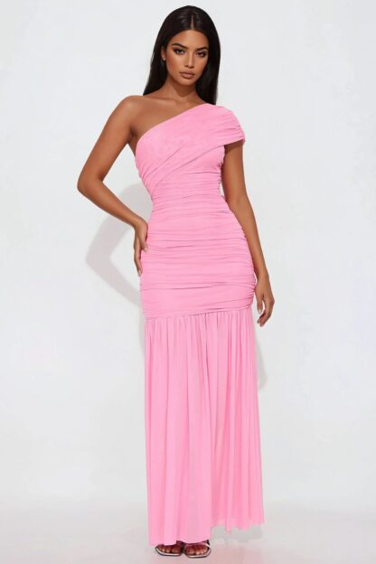 Vestido Maxi de Malla Un Hombro con Drapeado - Image 7