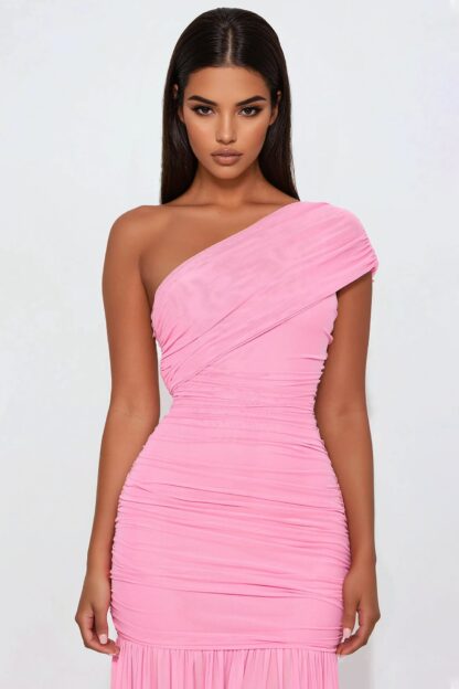 Vestido Maxi de Malla Un Hombro con Drapeado - Image 8