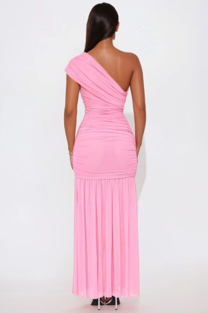 Vestido Maxi de Malla Un Hombro con Drapeado - Image 9