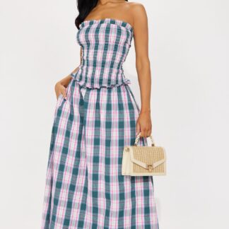 Vestido Maxi Escocés sin Tirantes con Bolsillos