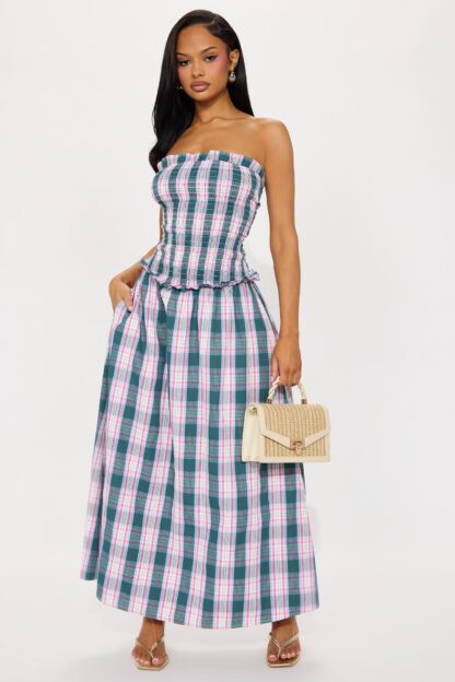 Vestido Maxi Escocés sin Tirantes con Bolsillos
