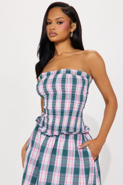 Vestido Maxi Escocés sin Tirantes con Bolsillos - Image 2