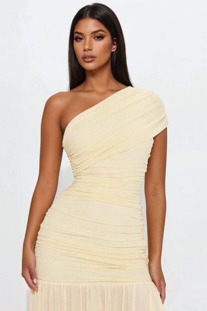 Vestido Maxi de Malla Un Hombro con Drapeado - Image 2