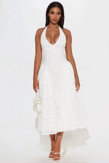 Vestido Midi de Chifón Texturado Elisa con Espalda Descubierta