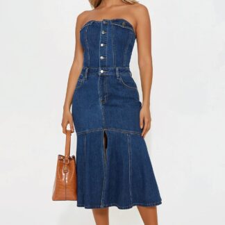 Vestido Midi Denim sin Tirantes con Cierre Frontal