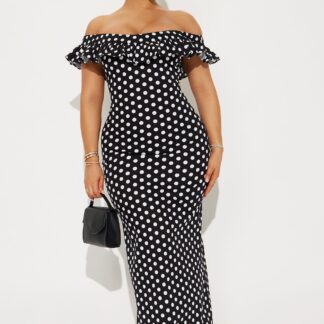 Vestido Maxi Lunares con Hombros Descubiertos y Vuelos