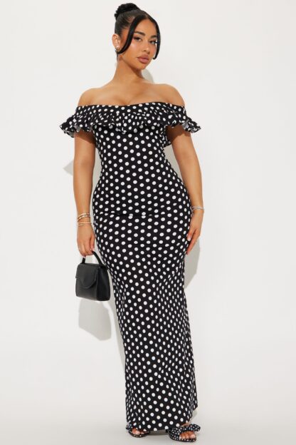 Vestido Maxi Lunares con Hombros Descubiertos y Vuelos