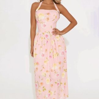 Vestido Midi Floral con Halter y Cintura de Corsé Falso