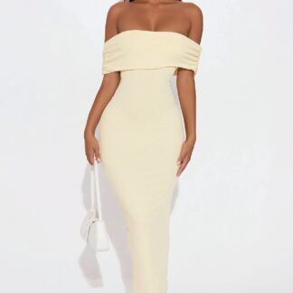 Vestido Midi de Punto con Manga Corta y Hombros Descubiertos